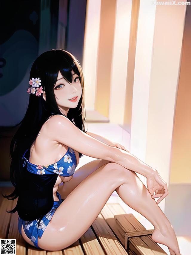 A woman in a blue bikini sitting on a wooden bench.