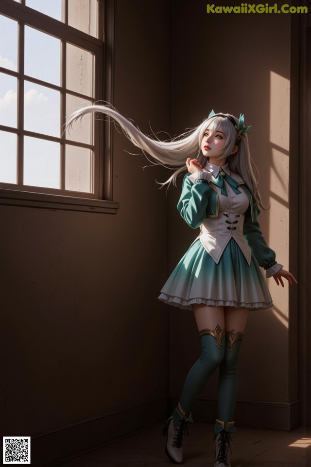 A woman in a green and white dress standing in front of a window.