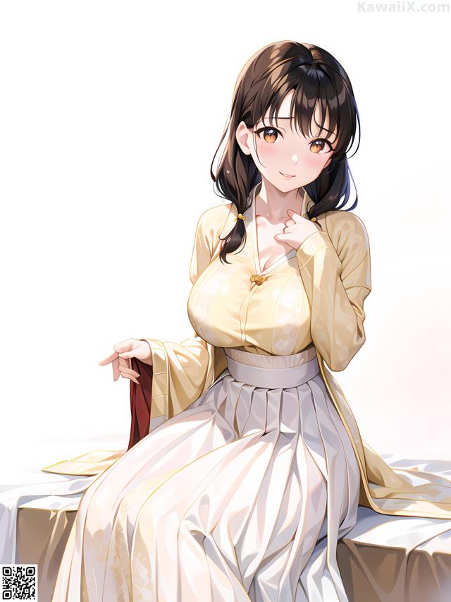 A woman in a white dress sitting on a bed.