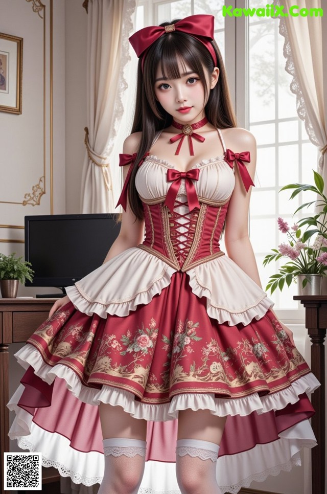 a woman in a red and white dress posing for a picture