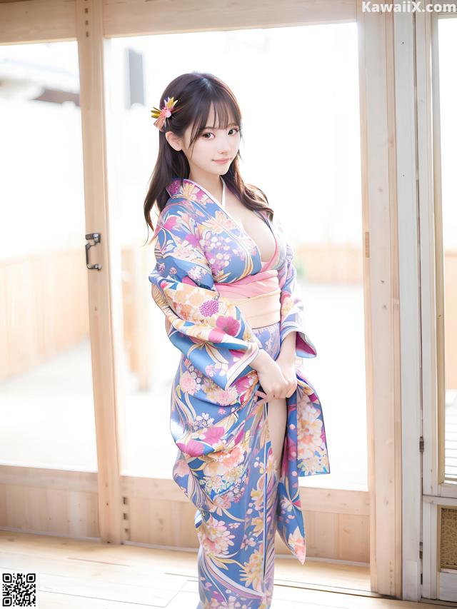 A woman in a blue and pink kimono posing for a picture.
