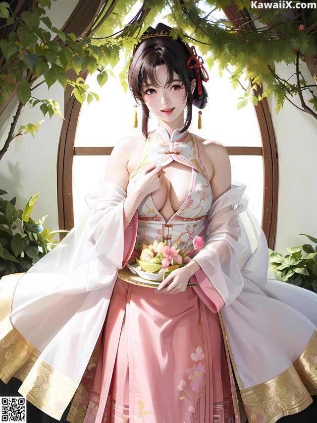 A woman in a pink and white dress holding a plate of fruit.