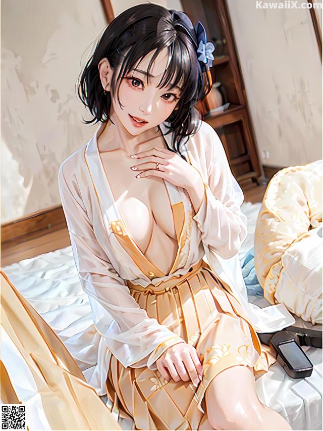 A woman in a white robe sitting on a bed.