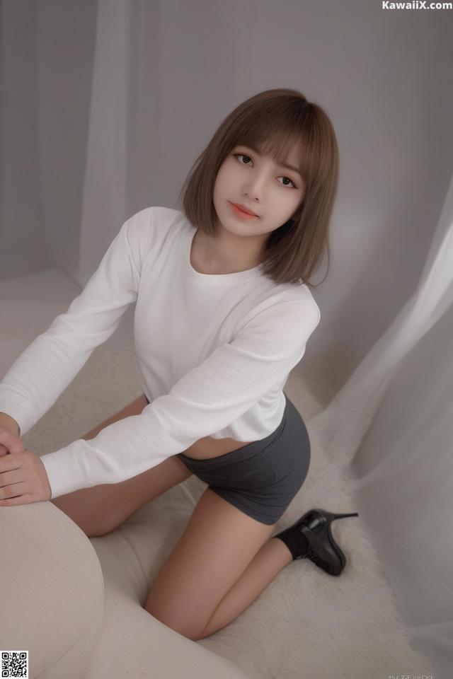 A woman in a white shirt and gray skirt sitting on a white couch.
