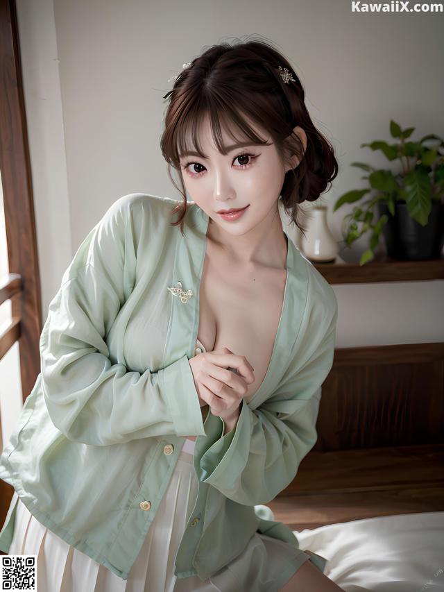 A woman in a green shirt and white skirt sitting on a bed.