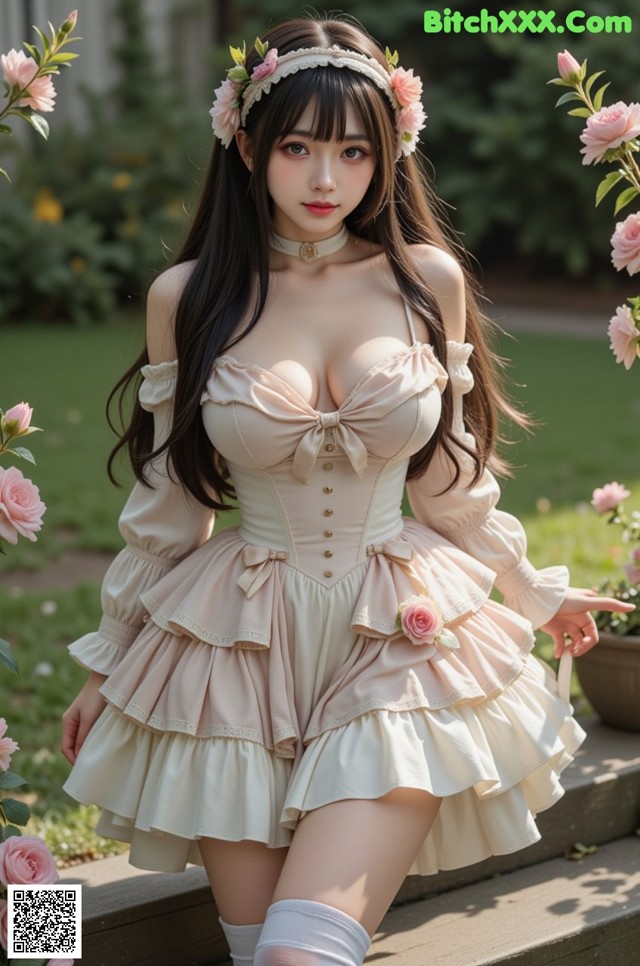 A woman in a pink dress sitting on a bench with flowers in her hair.