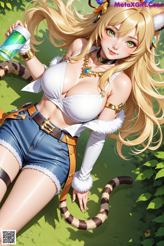 A woman in a white top and blue shorts holding a drink.
