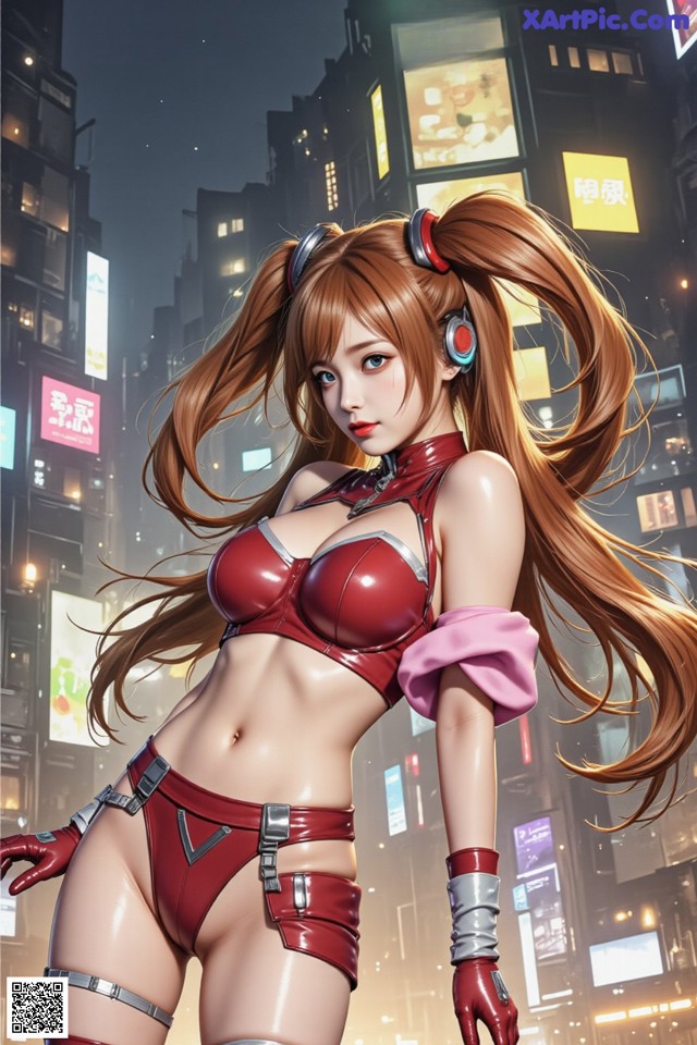A woman in a red bikini standing in the middle of a city.